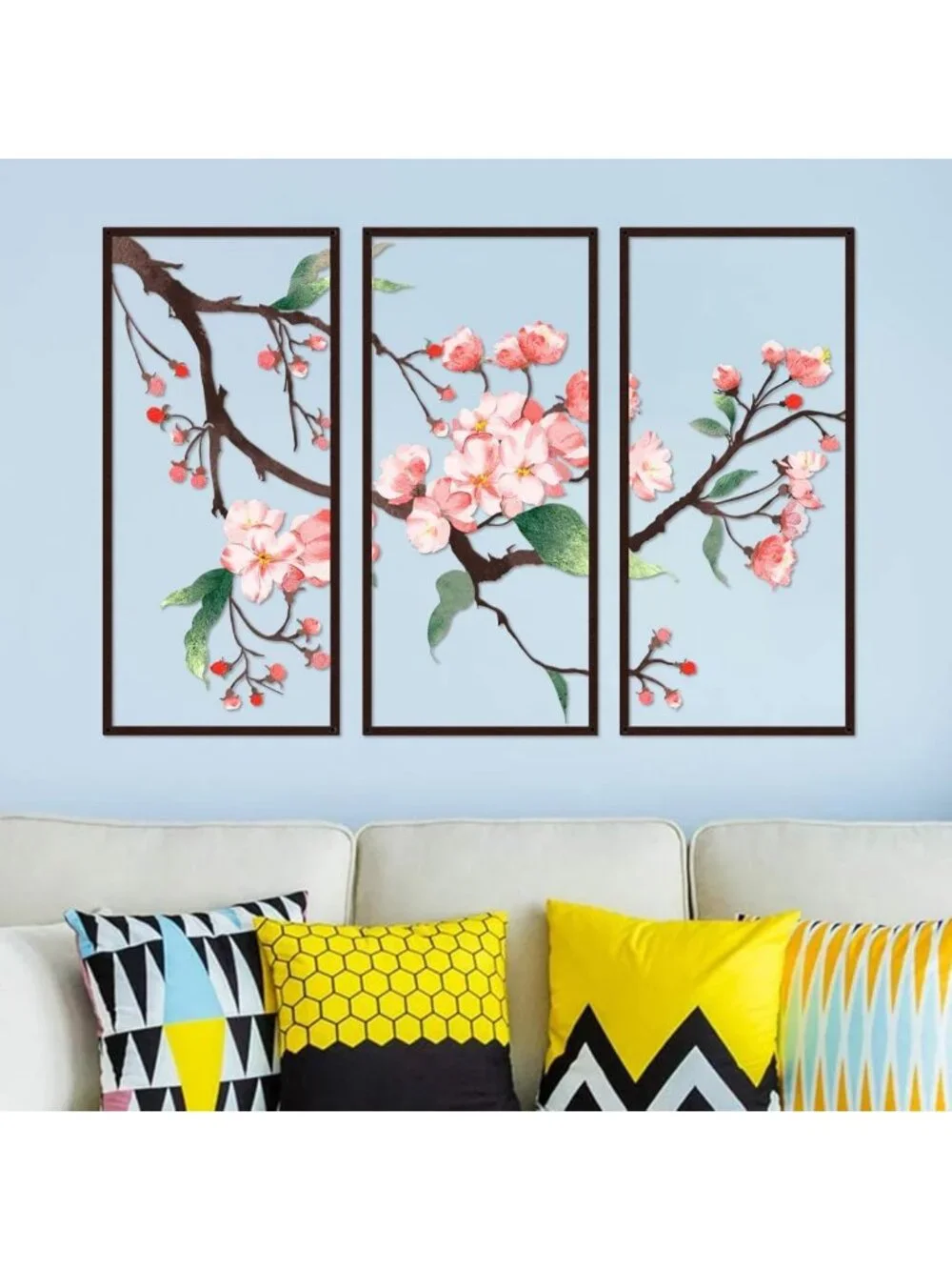 3-Piece Metal Flower Wall Art Set - Rustic 2D Floral Decor for Living Room